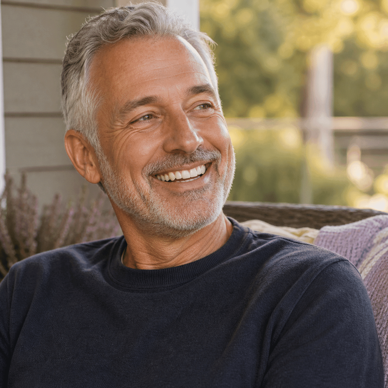 Senior Canadian patient with a fully restored confident smile after All-On-X at A Dental Office in Barrie, Ontario