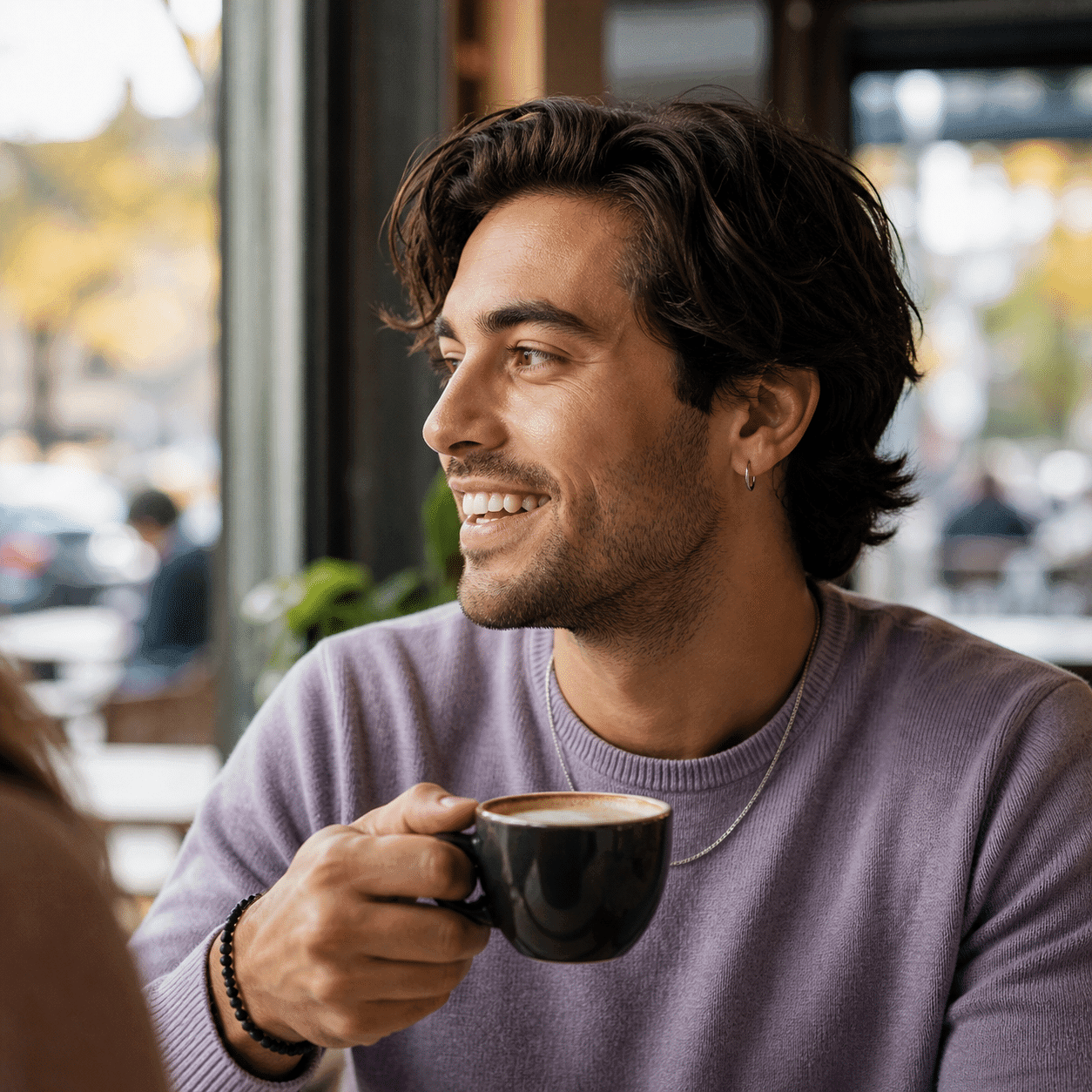 Casual subtle smile after dental bonding at a café in Barrie, Ontario — A Dental Office