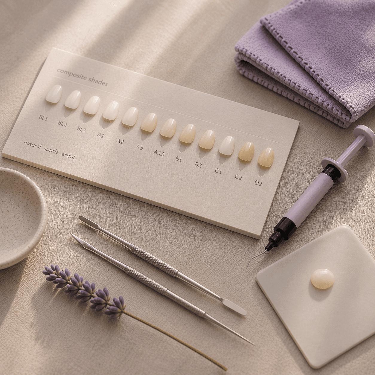 Composite shade-matching palette and sculpting tools for dental bonding at A Dental Office in Barrie, Ontario