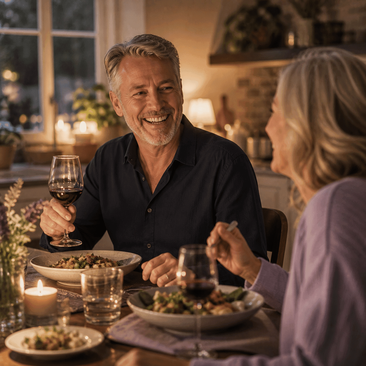 Couple sharing a warm meal — restored smile after full mouth reconstruction at A Dental Office in Barrie, Ontario