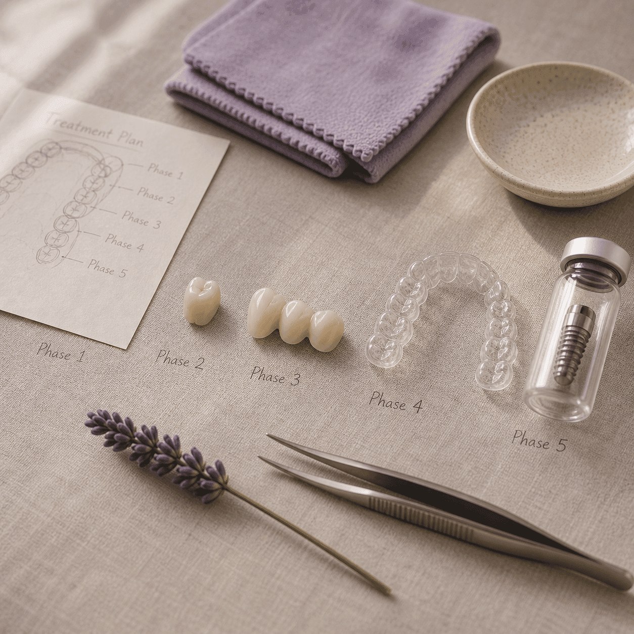 Phased restoration components laid out in sequence — full mouth reconstruction at A Dental Office in Barrie, Ontario