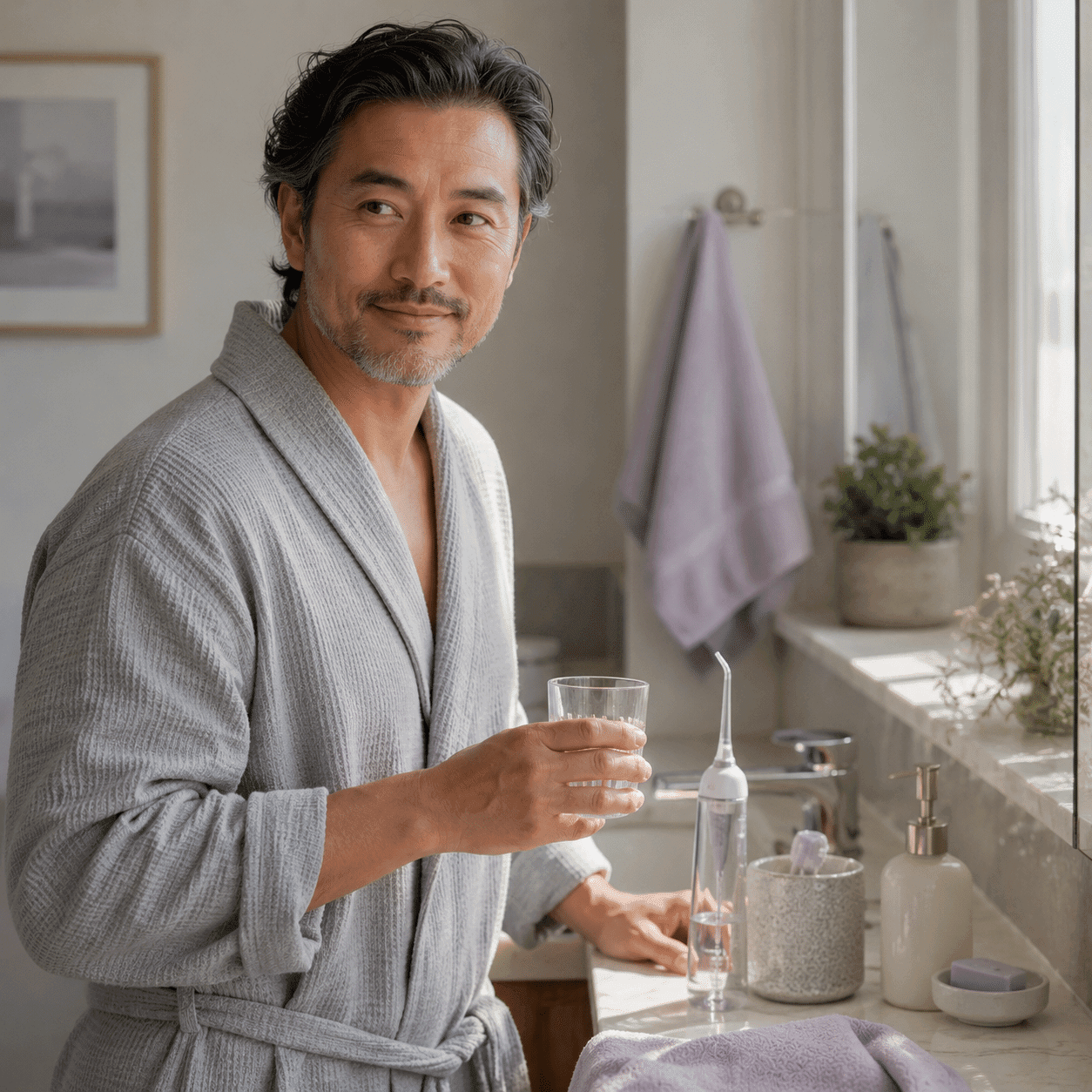 Adult finishing a morning oral-care routine at home — gum therapy patient, A Dental Office in Barrie, Ontario