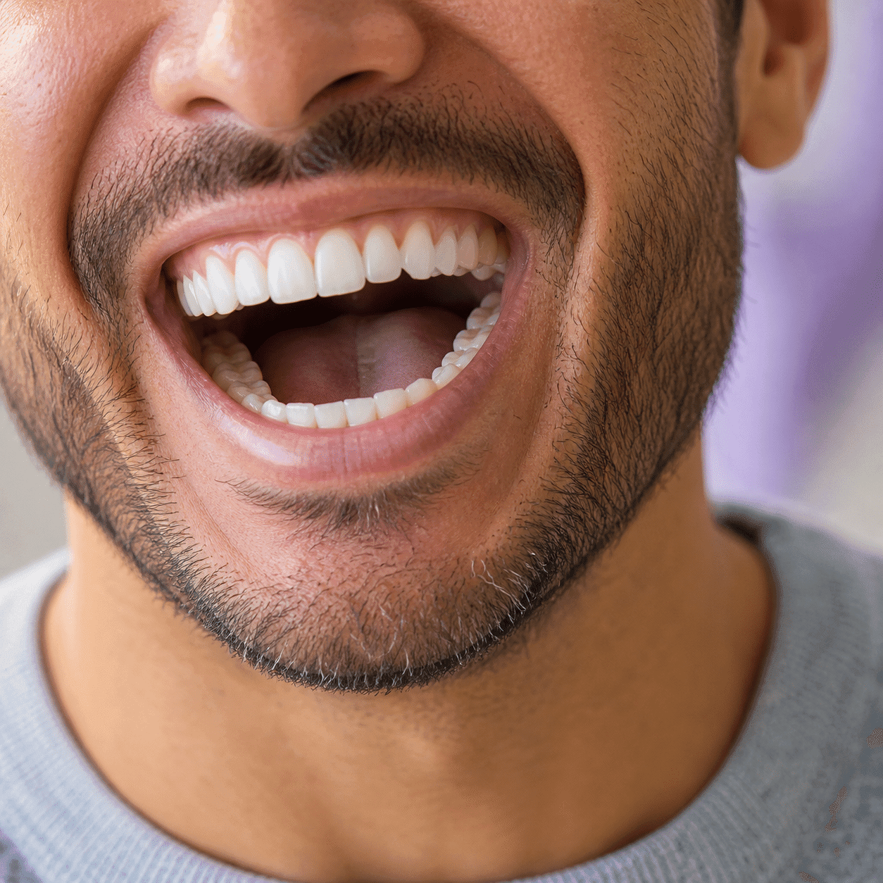 Wide open smile with all-white metal-free dental restorations at A Dental Office in Barrie, Ontario