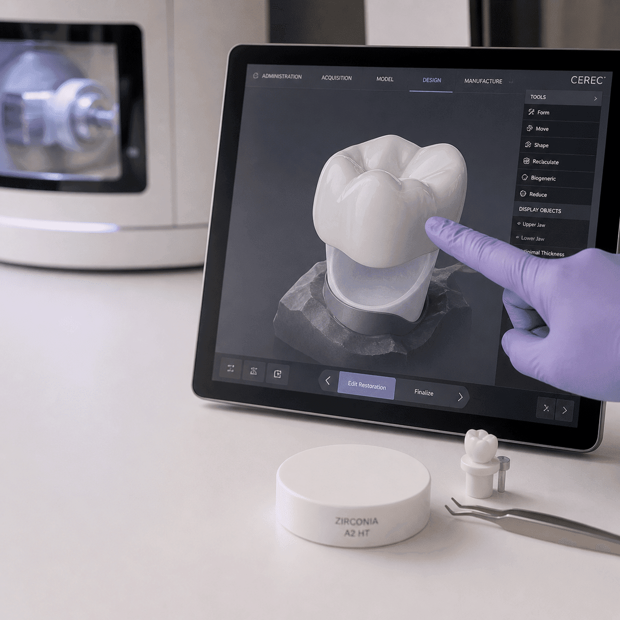 Dentist designing a zirconia crown on CAD/CAM software at A Dental Office, Barrie