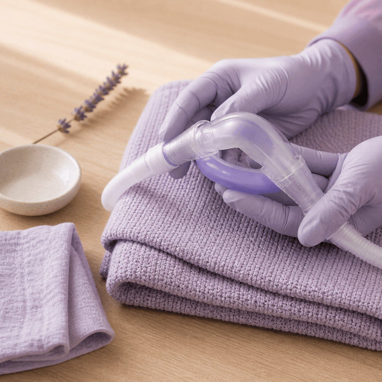 Gloved hands gently holding a soft nasal sedation hood — nitrous oxide care at A Dental Office, Barrie
