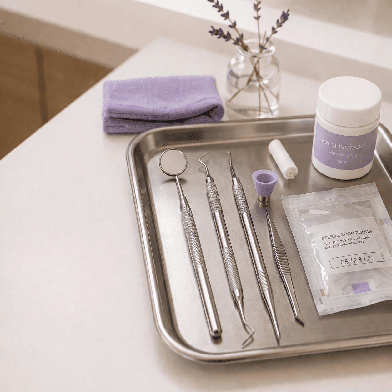 Sterilized dental hygiene tray prepared for a professional cleaning at A Dental Office, Barrie