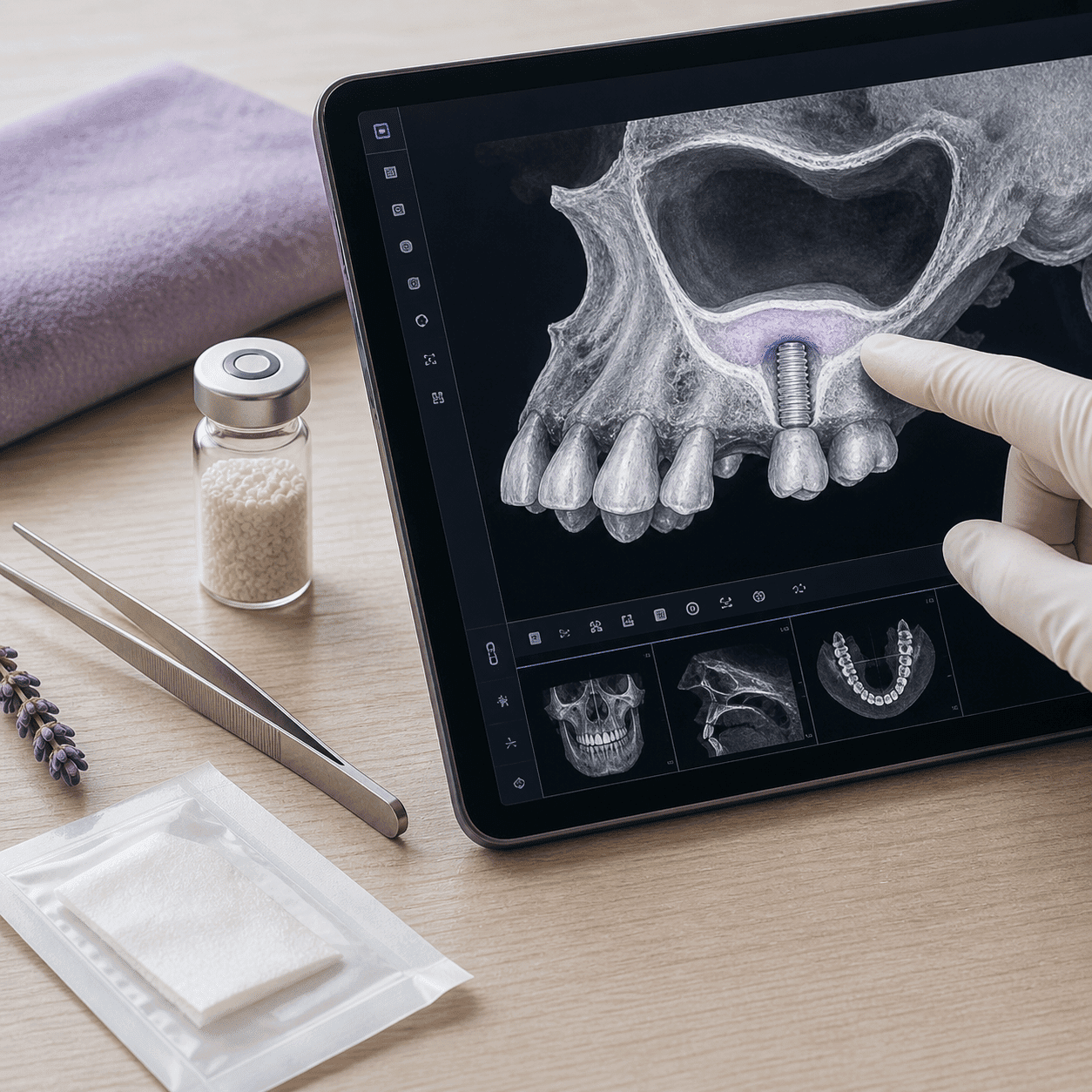 3D CBCT planning of a sinus lift procedure on a tablet at A Dental Office in Barrie, Ontario