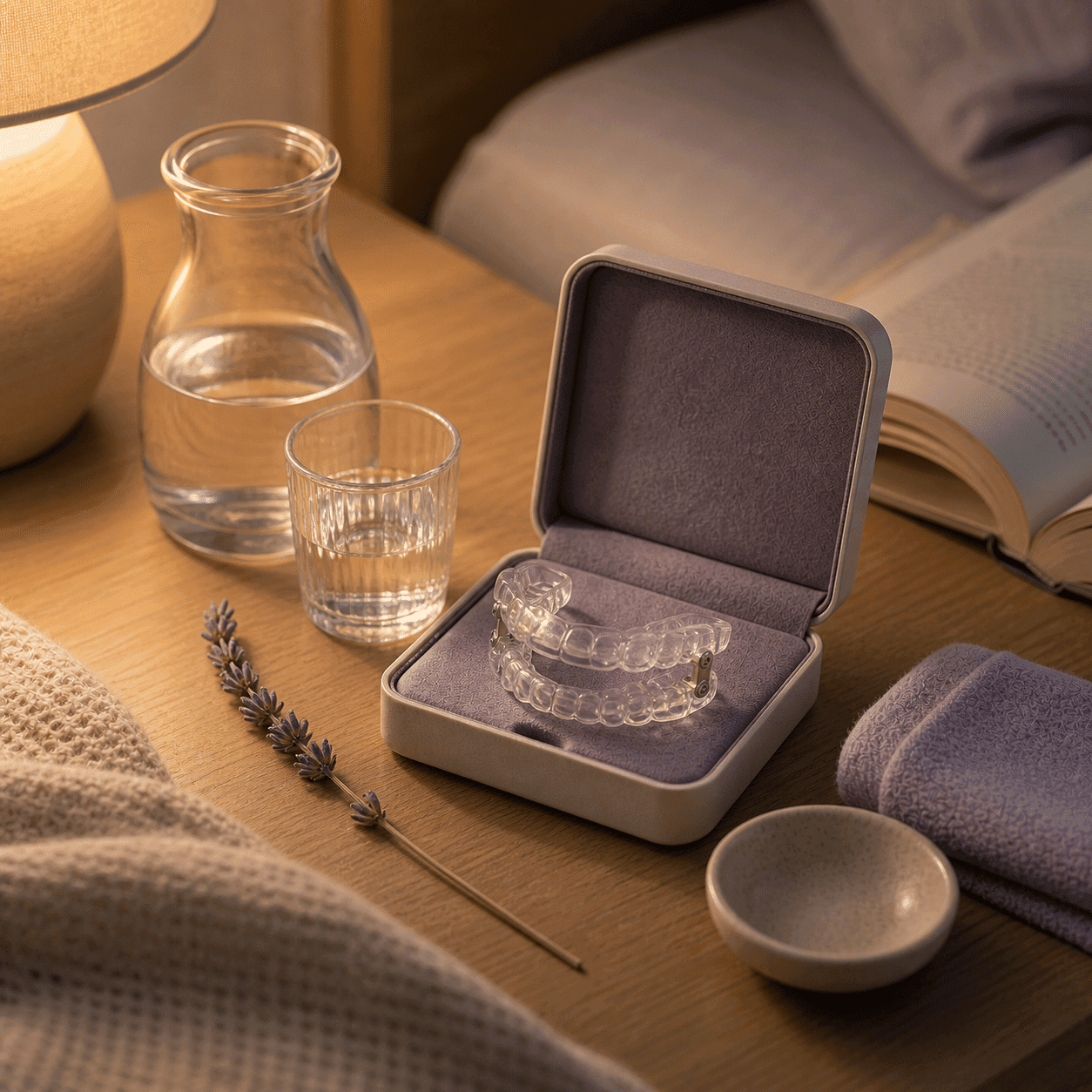 Custom snoring oral appliance on a bedside nightstand at A Dental Office in Barrie, Ontario