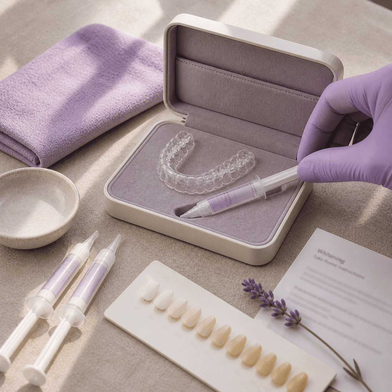 Custom whitening tray and clinical-grade gel presented like a premium kit at A Dental Office in Barrie, Ontario