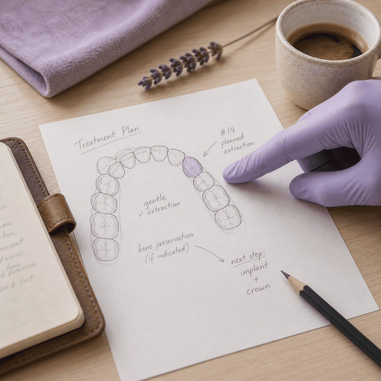 Gentle explanation of a tooth extraction plan with a printed dental diagram at A Dental Office in Barrie, Ontario