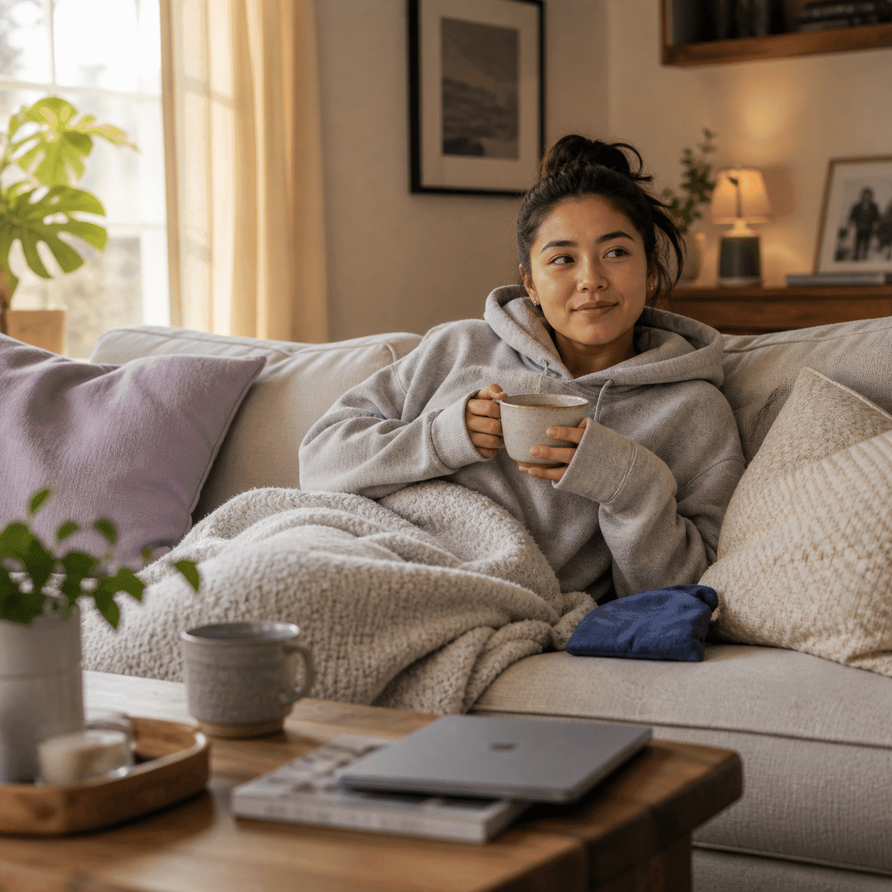 Young adult cozy at home during calm wisdom teeth recovery — A Dental Office in Barrie, Ontario